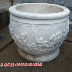 汉白玉花盆雕塑，白色石头花盆
