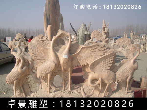 仙鹤石雕，晚霞红仙鹤雕塑 (2)