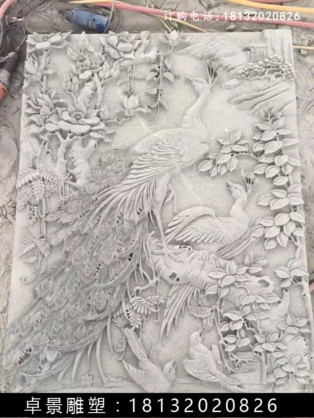 石雕百鸟朝凤浮雕，汉白玉石浮雕