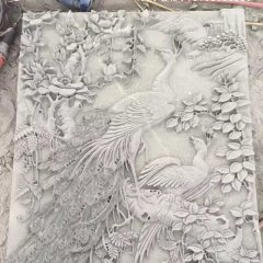 石雕百鸟朝凤浮雕，汉白玉石浮雕