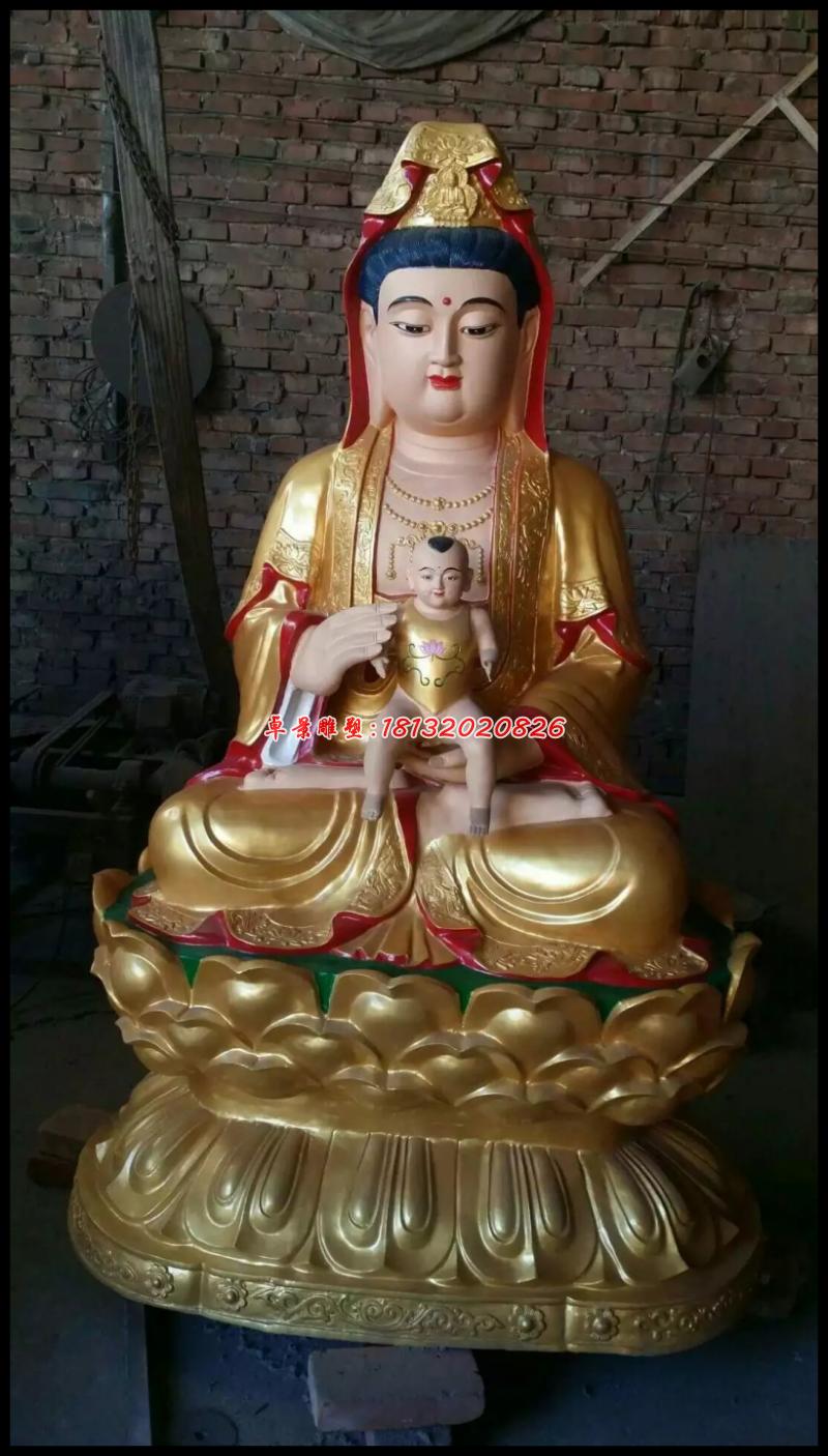 观音送子铜雕，贴金铜观音送子雕塑