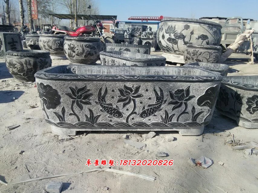 青石花盆，仿古石水盆