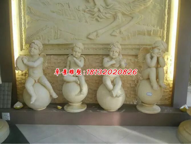 小天使石雕，汉白玉西方小孩雕塑