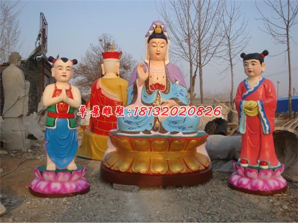 玻璃钢观音菩萨和善财童子雕塑，彩绘观音菩萨雕塑