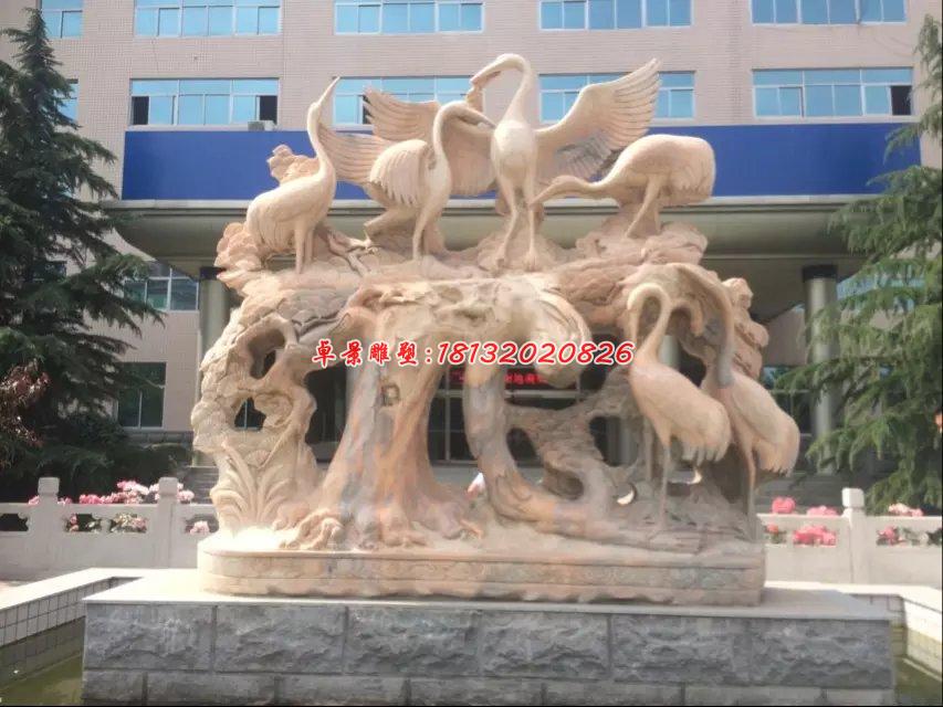 仙鹤石雕，晚霞红丹顶鹤雕塑