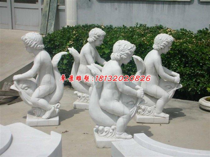 汉白玉人物雕塑，小孩骑鱼石雕