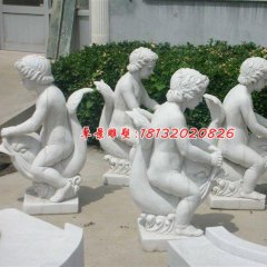 汉白玉人物雕塑，小孩骑鱼石雕