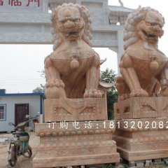 北京狮石雕，晚霞红北京狮雕塑