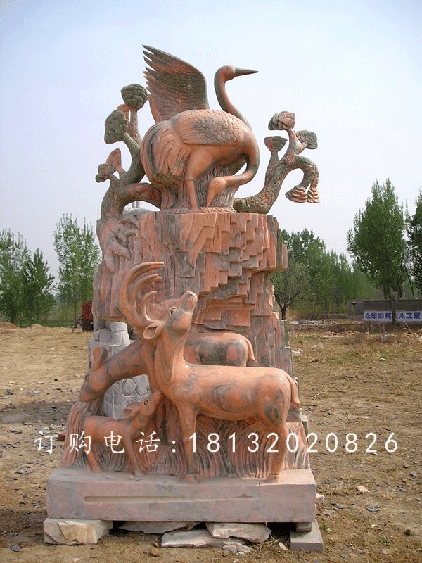 鹤鹿同春景观石雕，晚霞红景观雕塑