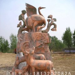 鹤鹿同春景观石雕，晚霞红景观雕塑