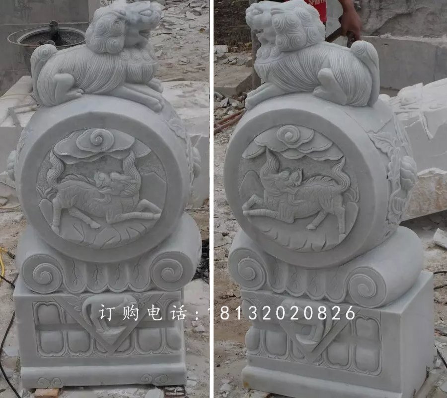 抱鼓石雕塑，汉白玉麒麟门墩石雕