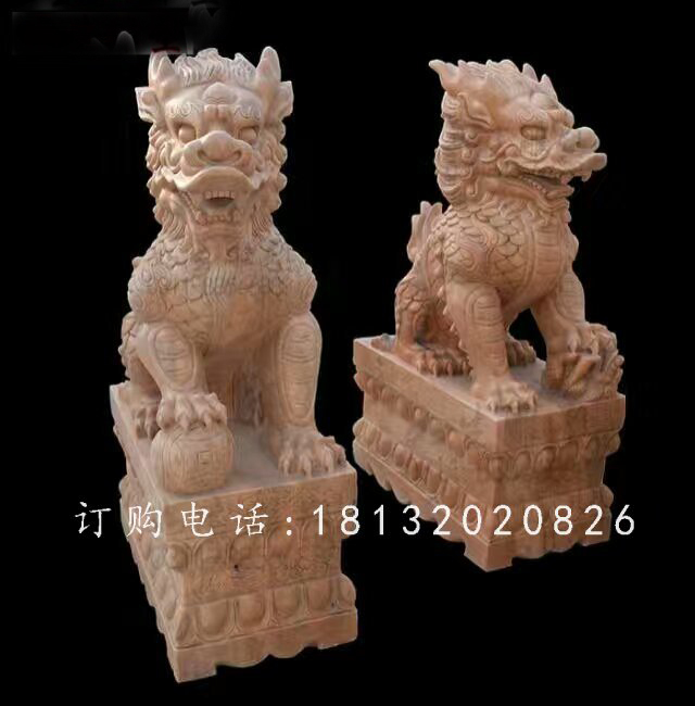 踩球麒麟石雕，晚霞红麒麟雕塑 (2)