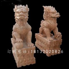 踩球麒麟石雕，晚霞红麒麟雕塑