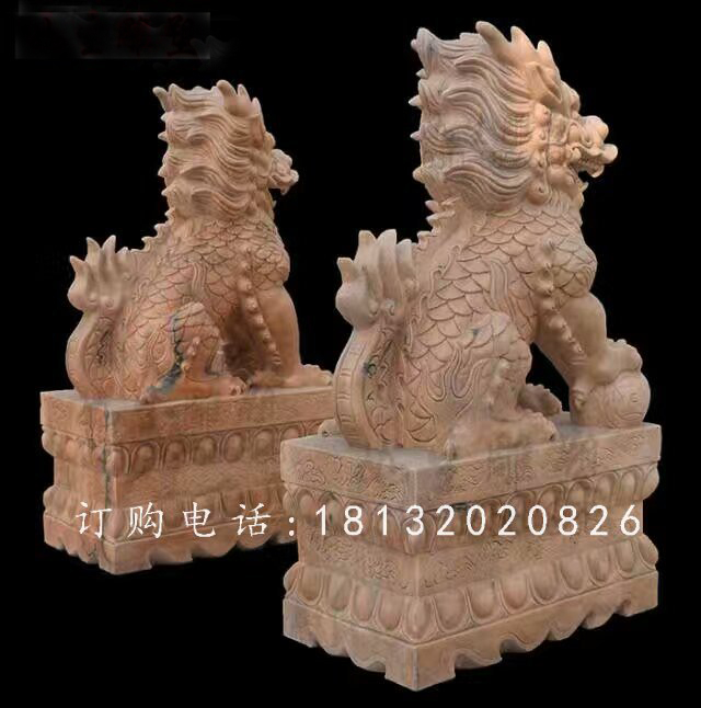 踩球麒麟石雕，晚霞红麒麟雕塑 (3)