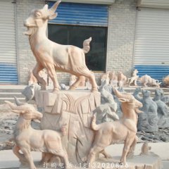 三阳开泰石雕，晚霞红石雕羊