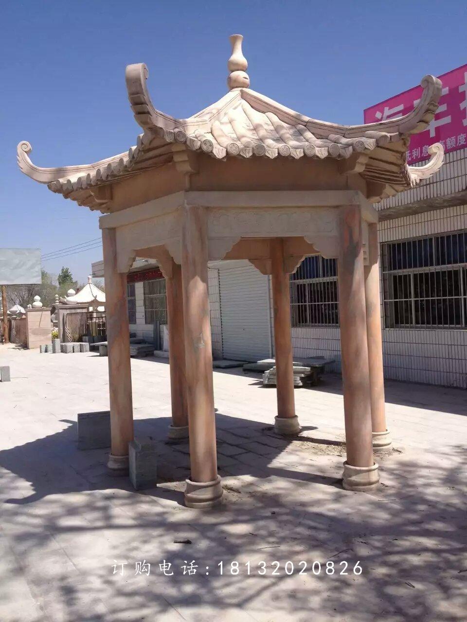 六角凉亭石雕，晚霞红凉亭子雕塑