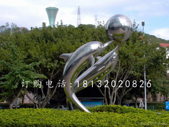 海豚顶球雕塑，公园不锈钢雕塑