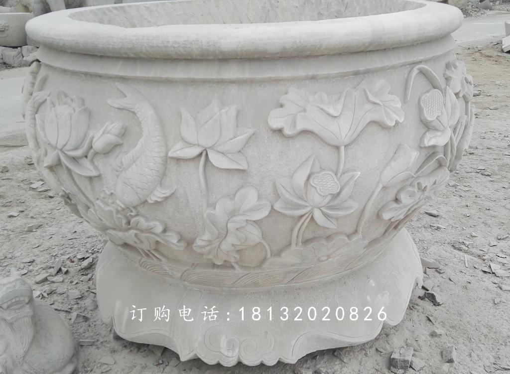 荷花与鸟花盆雕塑，水缸石雕 (1)