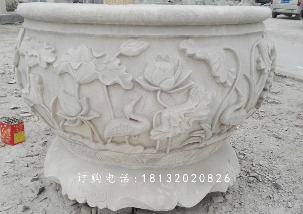 荷花与鸟花盆雕塑，水缸石雕 (2)