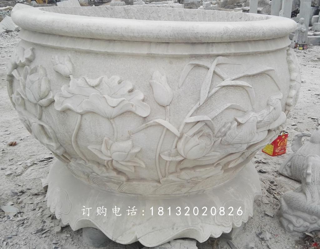 荷花与鸟花盆雕塑，水缸石雕 (3)