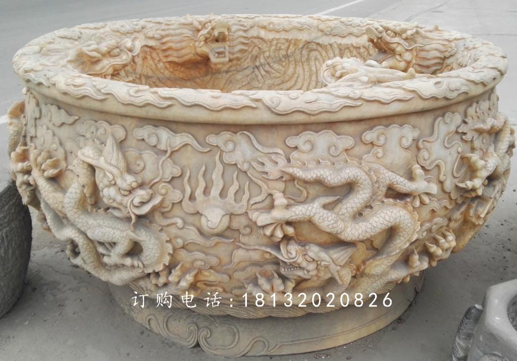 晚霞红水缸石雕，龙浮雕水缸 (3)