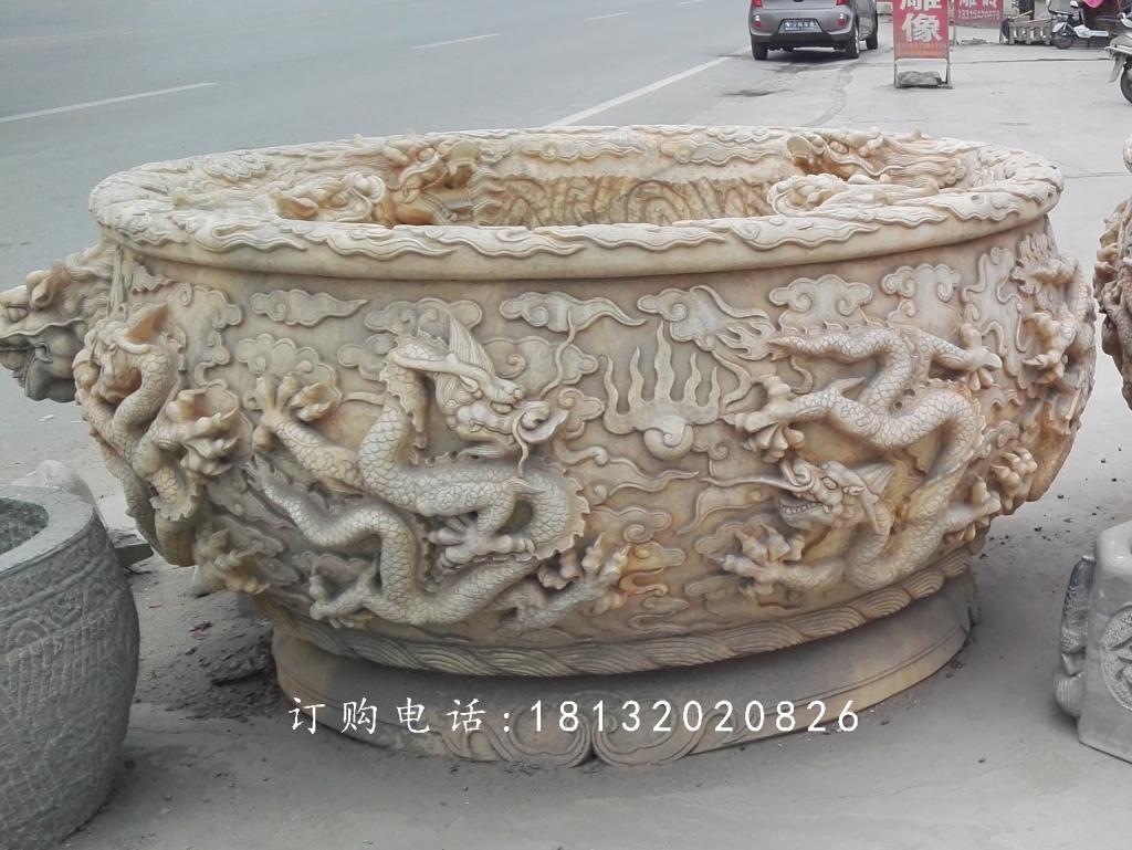 晚霞红水缸石雕，龙浮雕水缸 (2)