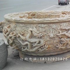 晚霞红水缸石雕，龙浮雕水缸