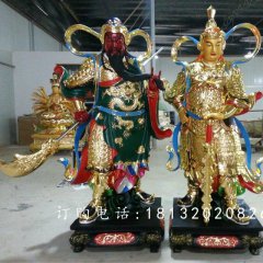玻璃钢贴金关公雕塑，玻璃钢贴金韦陀雕塑
