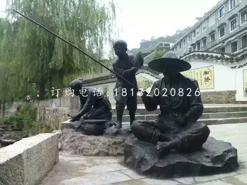 老人小孩垂钓铜雕，公园人物雕塑