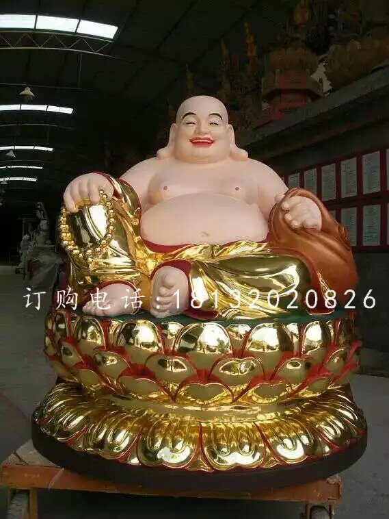 玻璃钢弥勒佛雕塑，贴金佛像雕塑