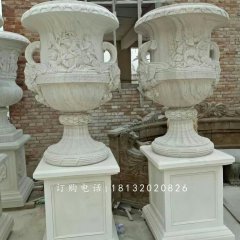 汉白玉花盆石雕，欧式花盆雕塑
