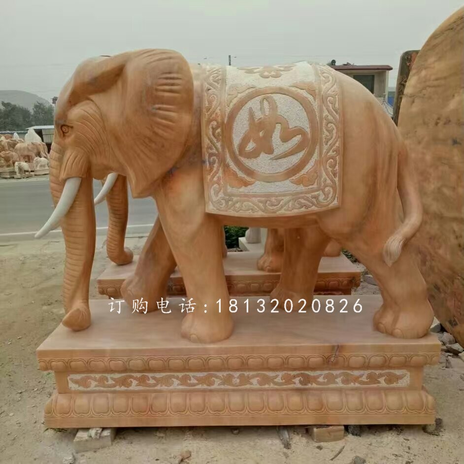 吉祥如意大象雕塑，晚霞红石雕象 (4)