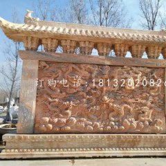 九龙影壁雕塑，晚霞红石雕影壁