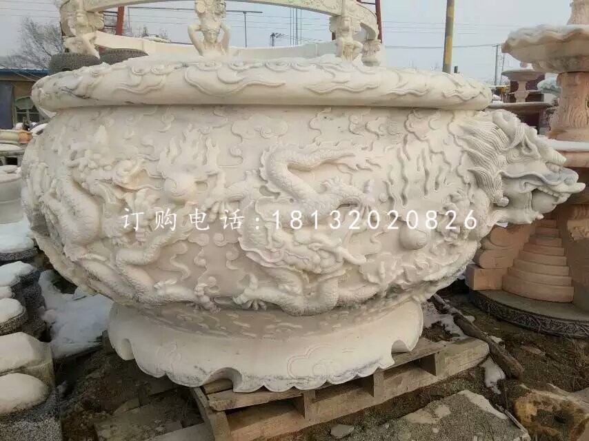 龙浮雕水缸雕塑，汉白玉石雕水缸