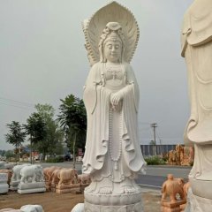 三面观音石雕，汉白玉观音雕塑