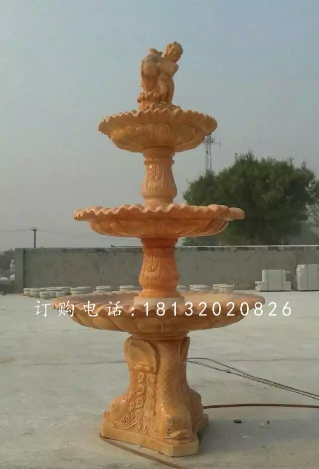 晚霞红石雕跌水盆，石喷泉雕塑