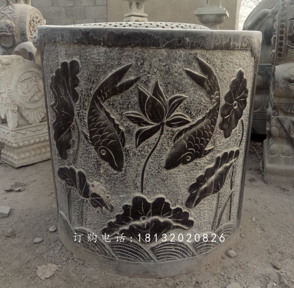 仿古青石水缸石雕，鱼戏水中浮雕水缸雕塑 (1)