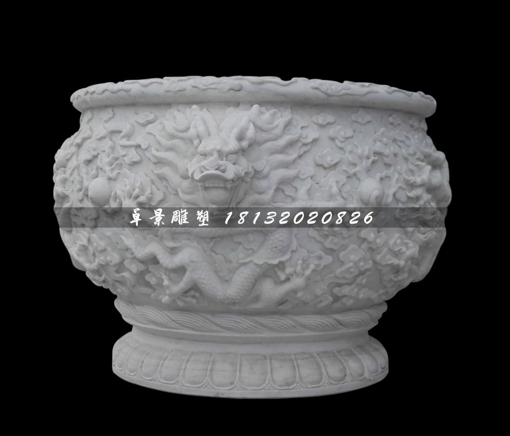 圆形石水缸，汉白玉龙浮雕水盆 (2)