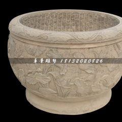 水缸石雕，荷花浮雕水缸