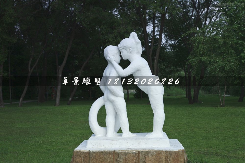 姐弟俩雕塑，汉白玉人物石雕 (2)