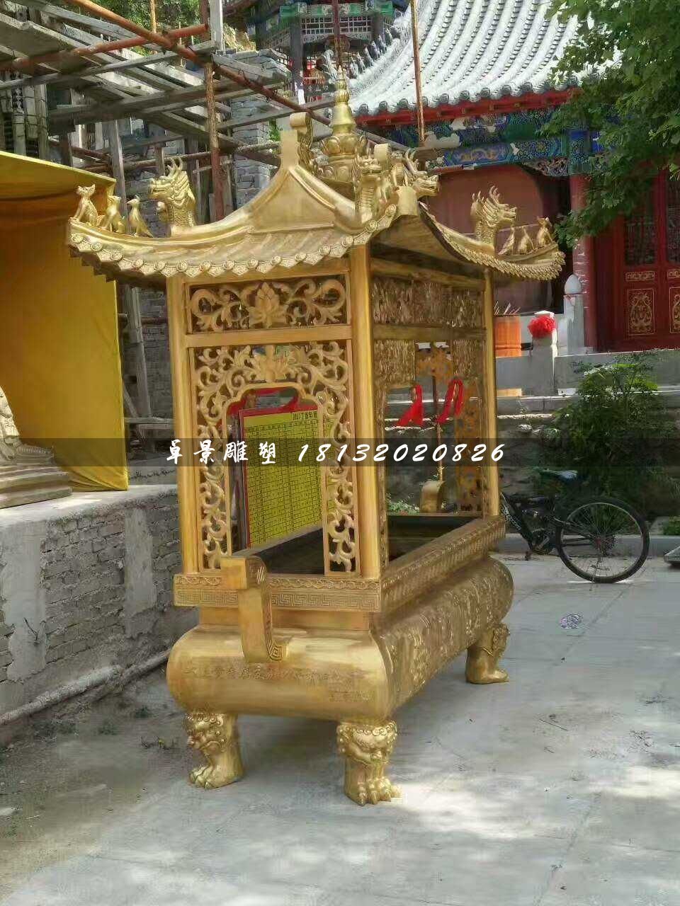 方形香炉铜雕，寺庙铜香炉