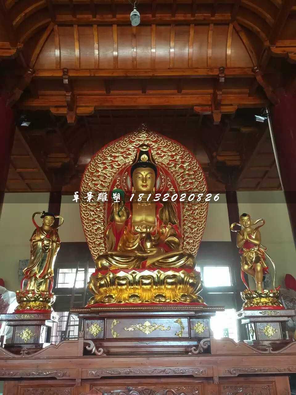观音菩萨雕塑，善财童子与龙女雕塑