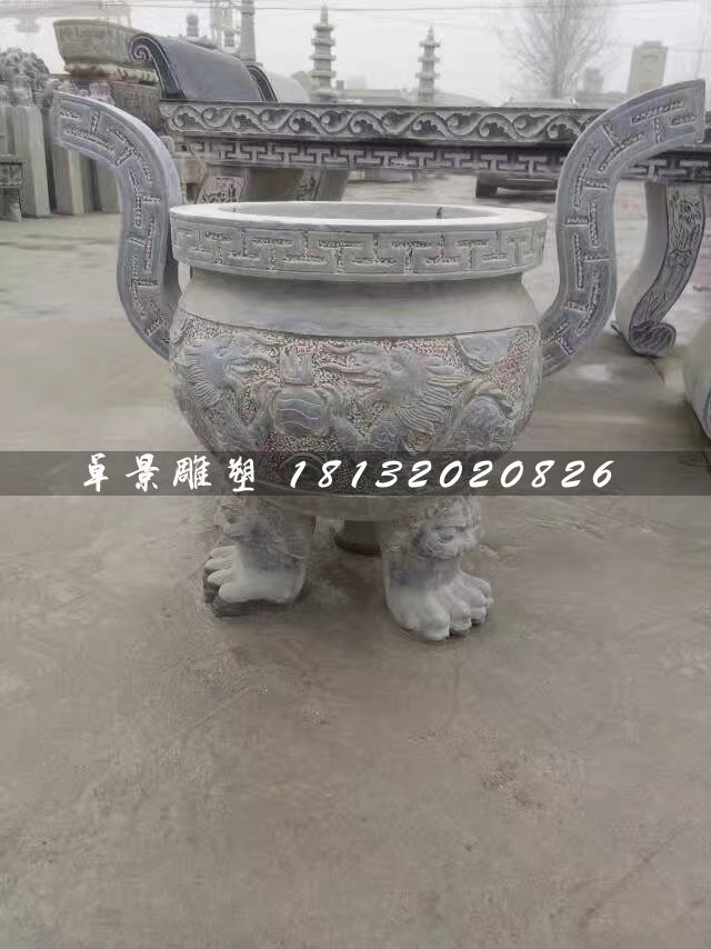 青石香炉，三足香炉石雕