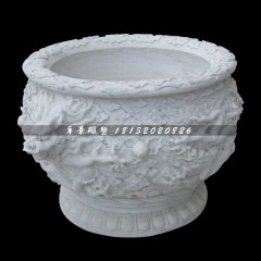 龙浮雕水缸，汉白玉水缸