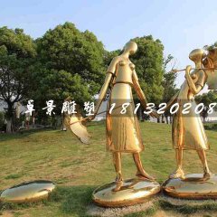 姐妹俩雕塑，不锈钢抽象人物