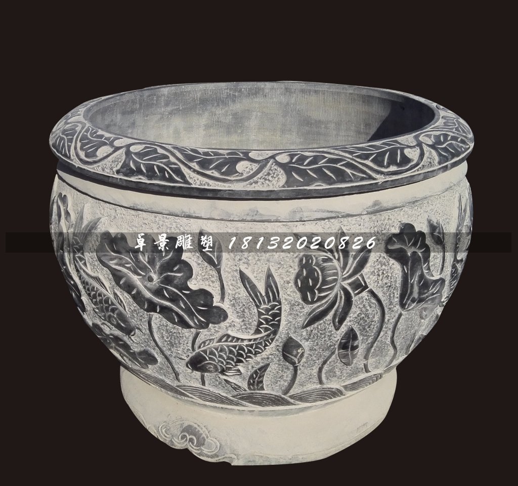 青石荷花鱼水盆，仿古石水缸 (2)