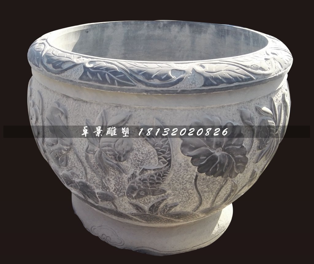 青石荷花鱼水盆，仿古石水缸 (3)