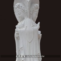 观音石雕，汉白玉三面观音石雕