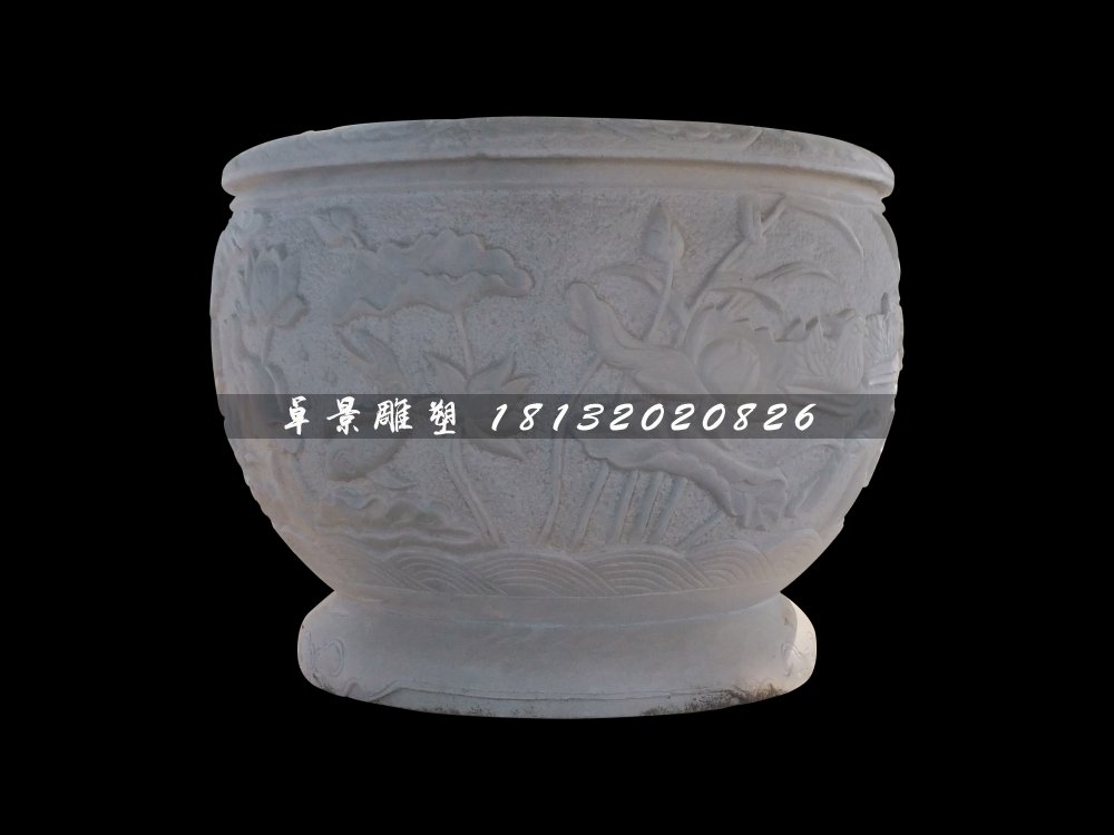 荷花浮雕水缸，圆形水缸雕塑