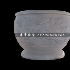 荷花浮雕水缸，圆形水缸雕塑